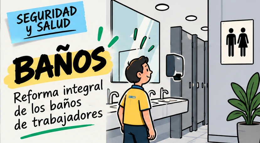 Ilustración de unos baños renovados con lavabo, grifería, iluminación y ventilación