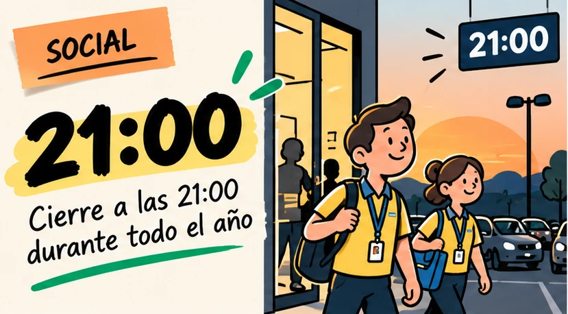 Reloj marcando las nueve junto a una persiana de tienda, unas llaves y una taza