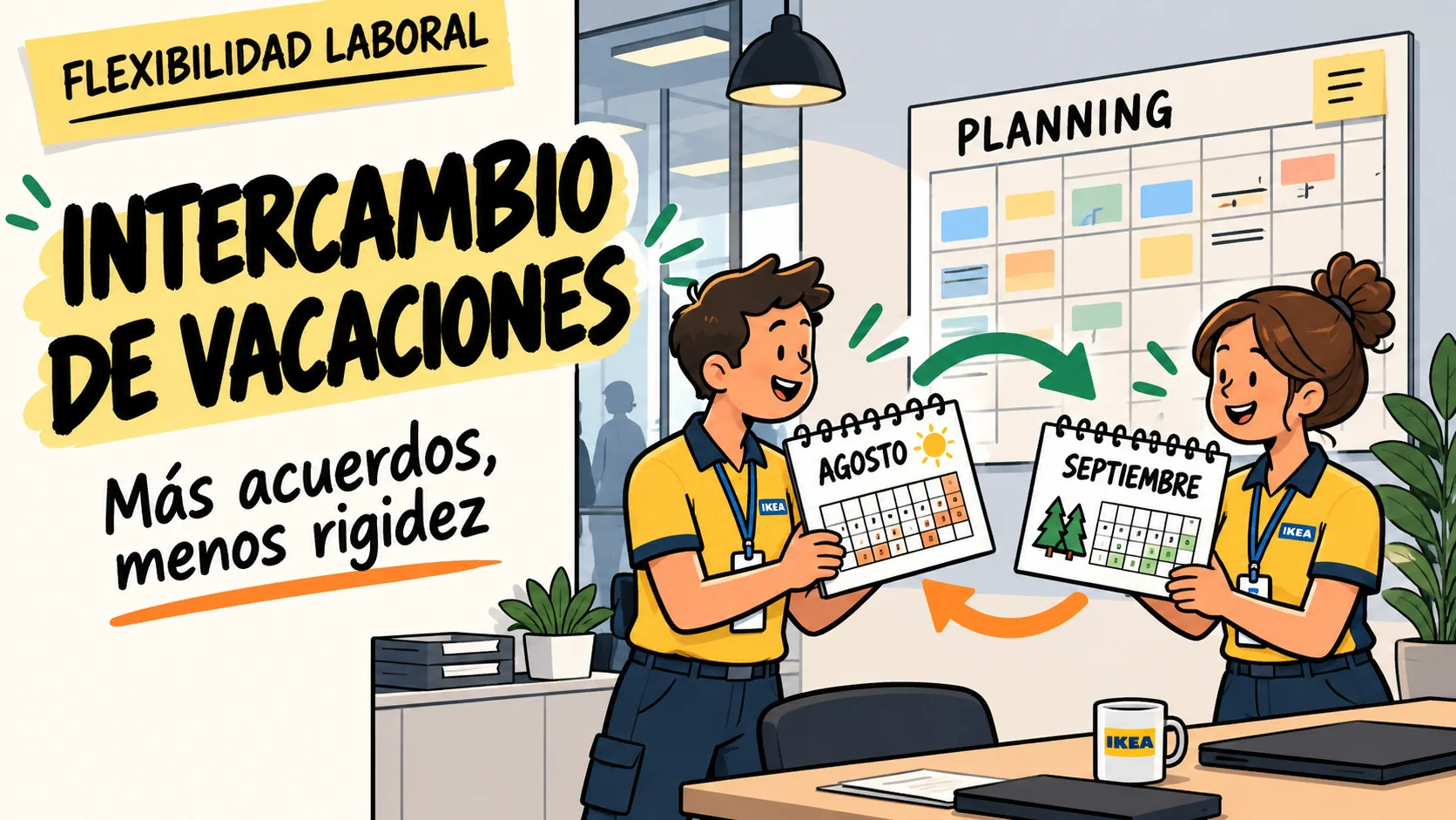 Dos compañeros acuerdan intercambiar sus vacaciones frente al calendario de la sección