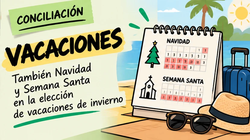 Calendario de vacaciones junto a una familia, un adorno navideño y flores de primavera